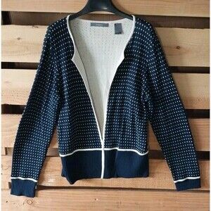 90s Liz Claiborne Medium Cardigan Navy Blue Cream Silk Cotton Mom Golf Teacher